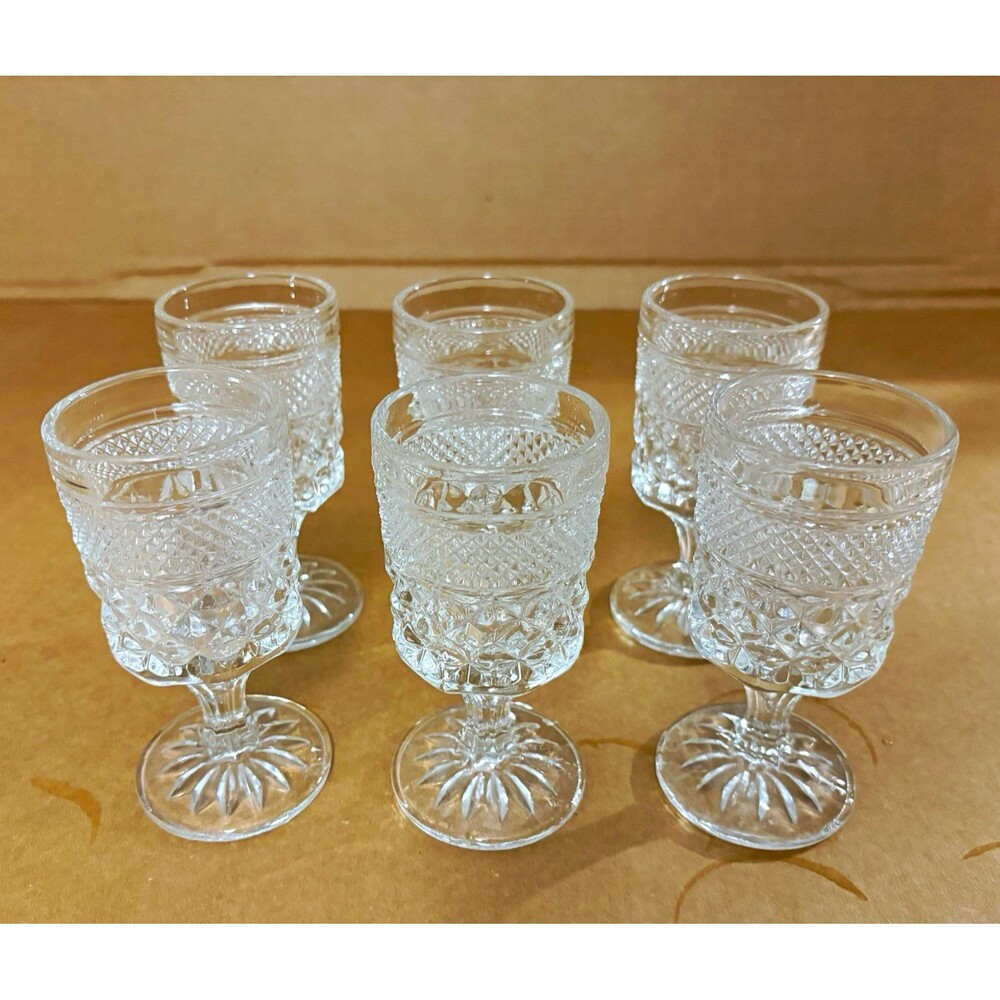 VINTAGE Set of 6 Clear Pressed Glass Stemmed Goblet Drinking Glasses Round 4 in